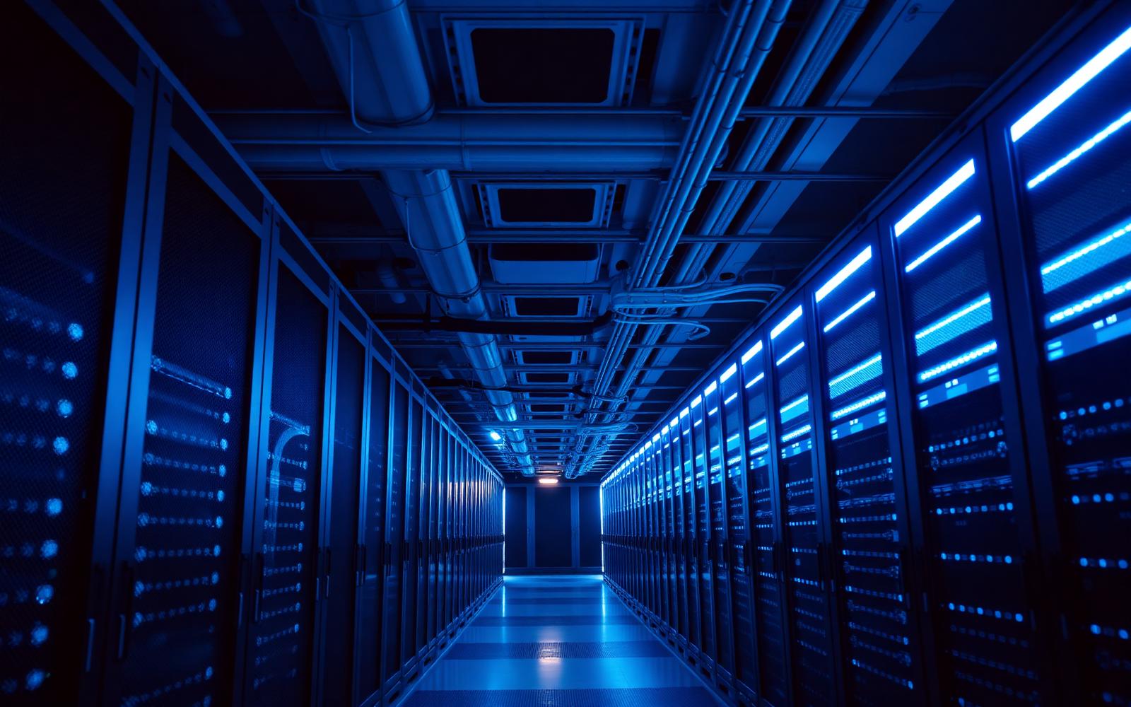 Modern data centre with illuminated server racks