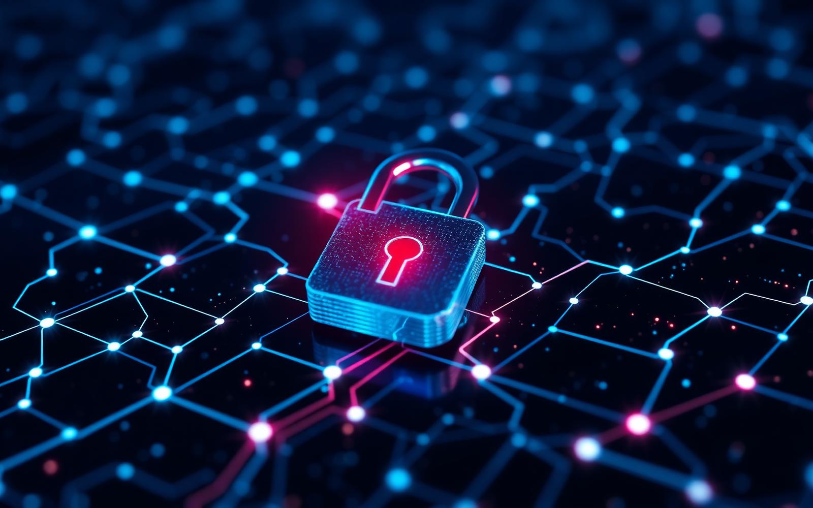 Cybersecurity padlock over a network grid